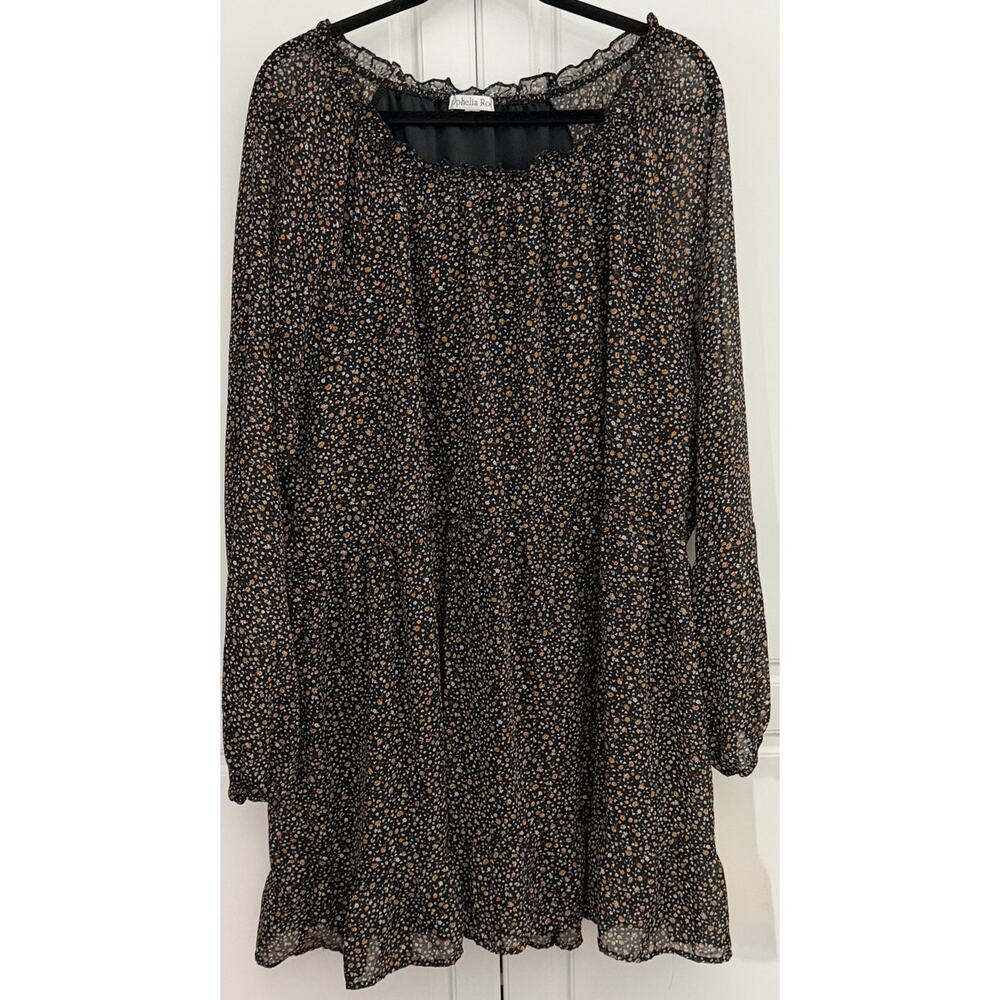 Ophelia Roe Dress in Black w/Floral Print Ruffle Neckline Long Sleeve Size 2X